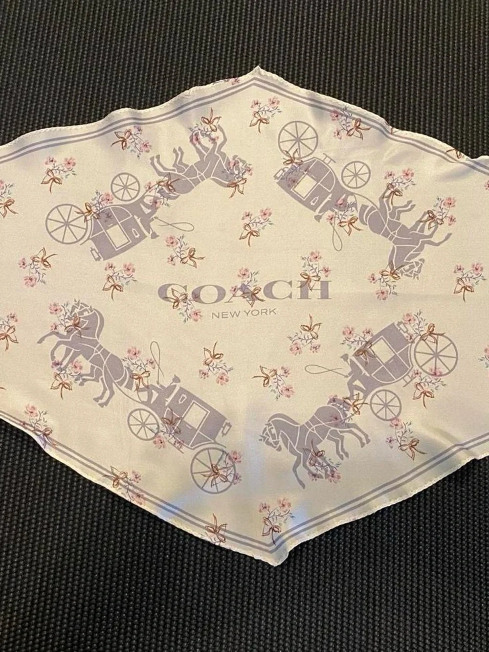 Coach Silk Scarf with Lilac Carriage and Pink Floral Motif - Picture 6 of 7